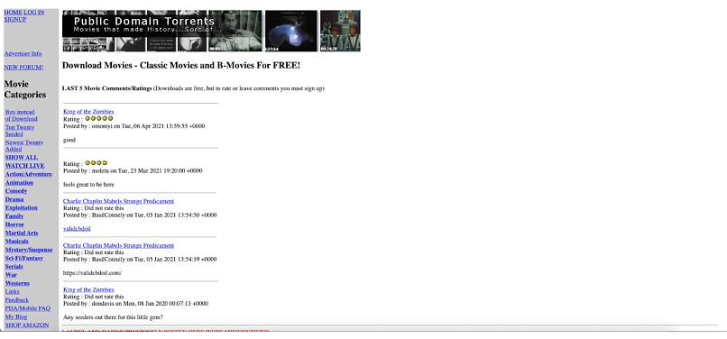 Screenshot der Startseite von Public Domain Torrents