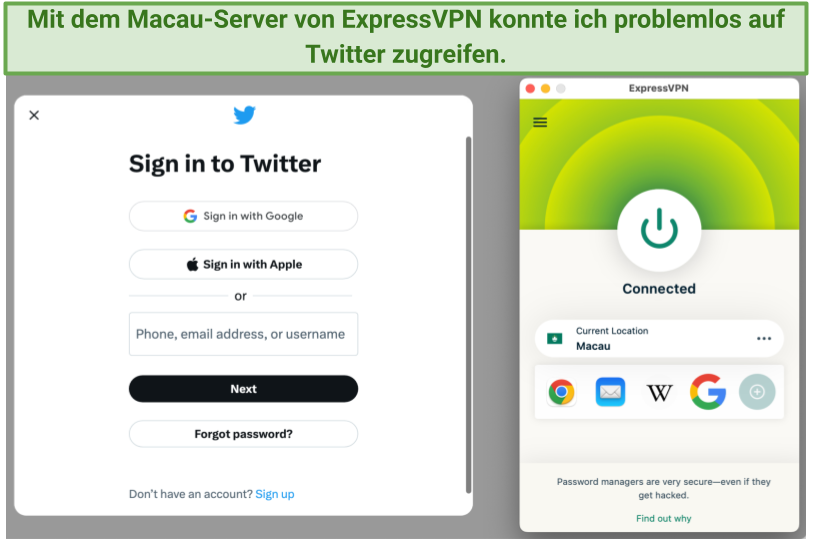 A screenshot showing you can log in to Twitter while in China using ExpressVPN's Macau server