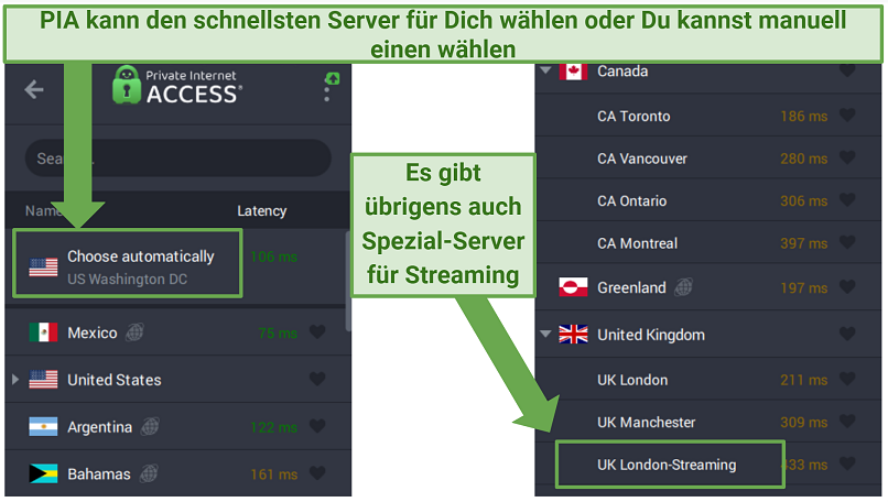 PIA's Windows app displaying different server options