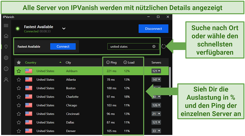 IPVanish Windows app displaying each server's ping and load percent