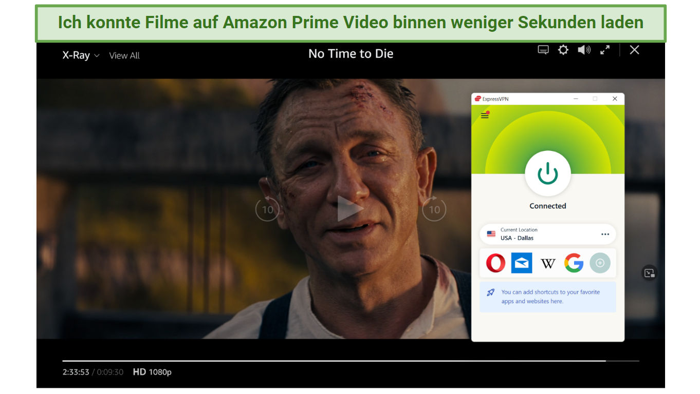 Screenshot of Amazon Prime Video player streaming No Time to Die while connected to ExpressVPN 