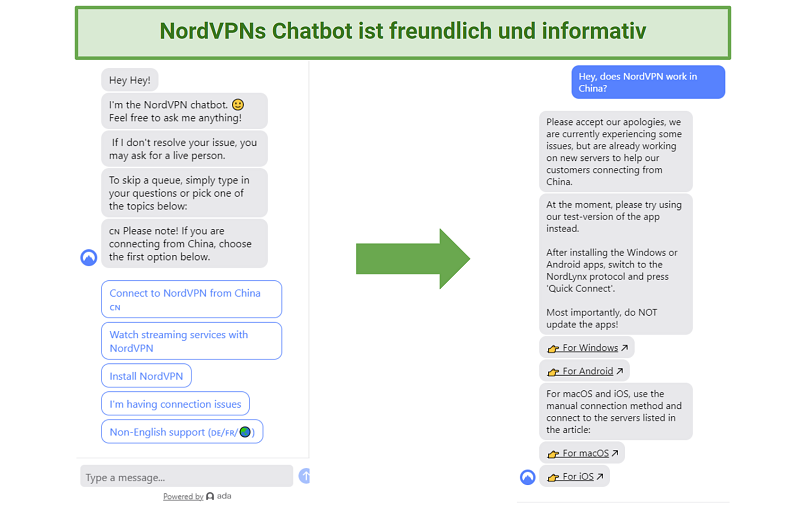 A screenshot of NordVPN's helpful chatbot interface