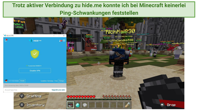 Screenshot of Minecraft working with hideme VPN