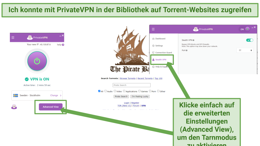 Screenshot showing PrivateVPN's Stealth VPN Mode accessing blocked websites with the money-back guarantee free trial