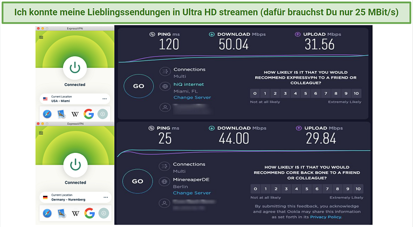 Screenshot of speedtests with ExpressVPN