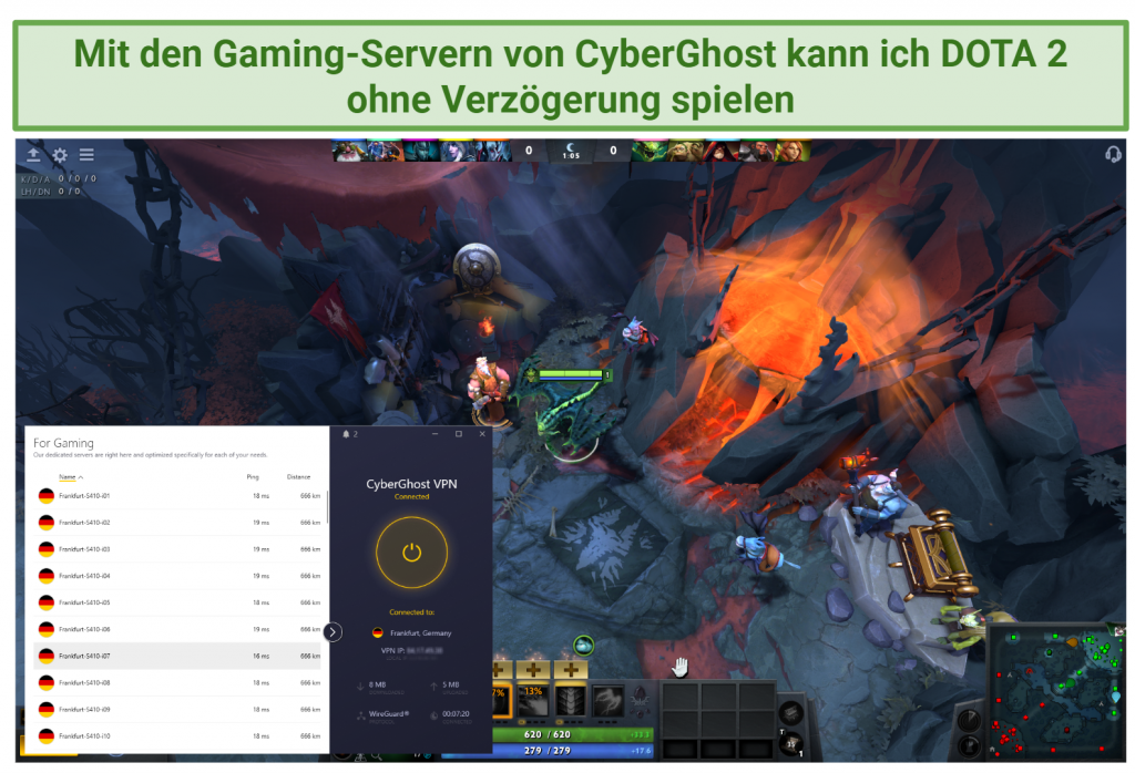 Image shows CyberGhost connected to a Gaming optimized server with a DOTA 2 battle behind it
