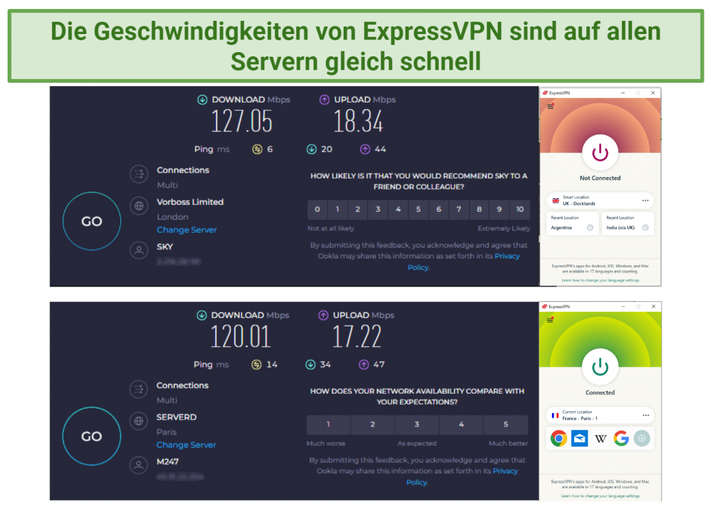 Image shows speed test results with ExpressVPN disconnected and connected to the France, Paris server