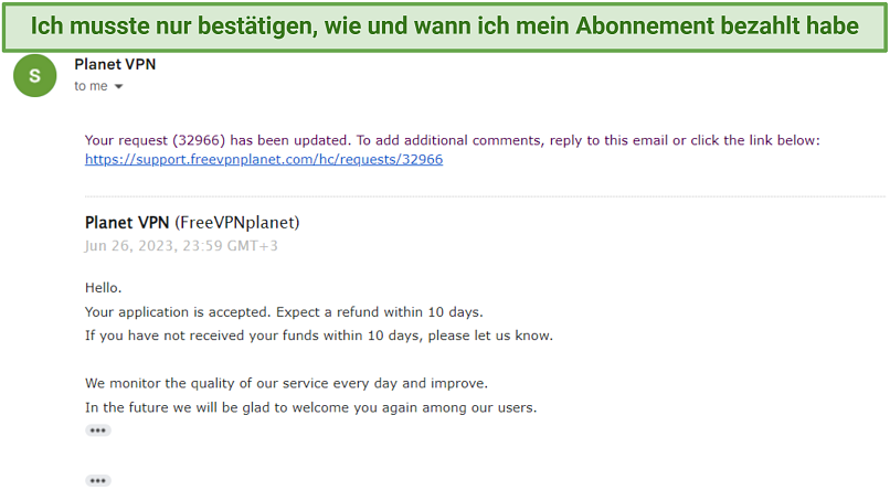 A screenshot showing Planet VPN confirming a refund request.