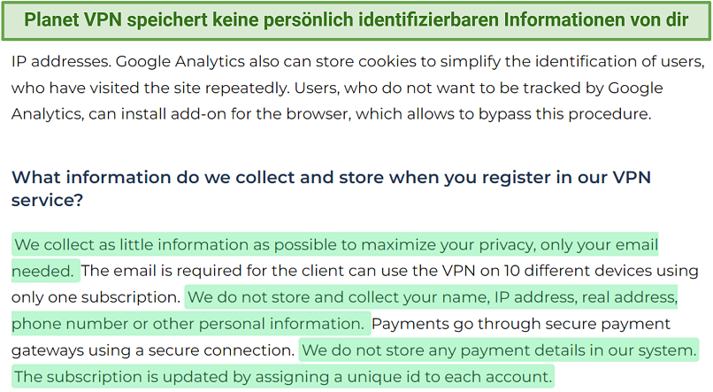 A screenshot showing Planet VPN doesn't store any sensitive information