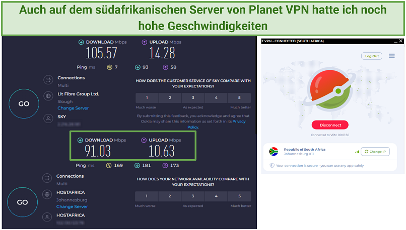 A screenshot showing Planet VPN's South African server is fast.