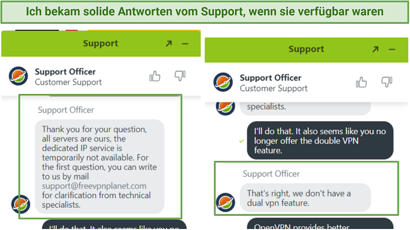 A screenshot showing Planet VPN's customer support is reliable