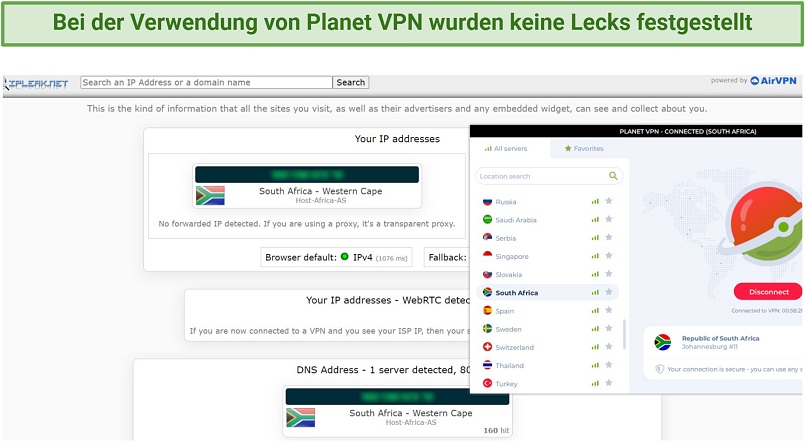 A screenshot showing Planet VPN passed DNS/IP leak tests