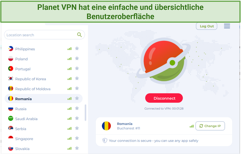 A screenshot showing Planet VPN has a simple and uncluttered user interface