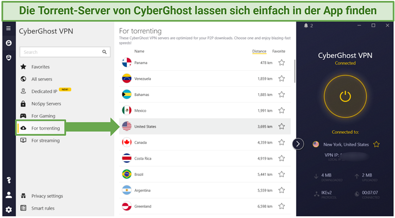 CyberGhost's Windows app displaying list of torrenting-optimized servers