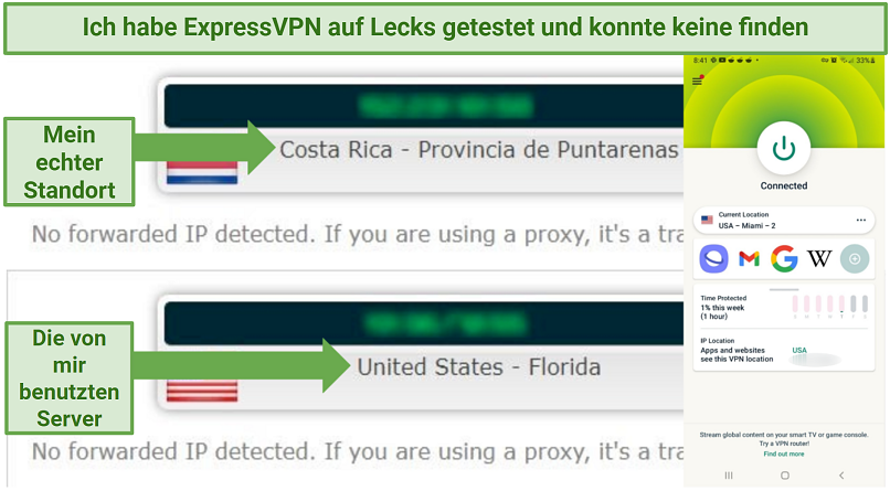 Leak test results showing that ExpressVPN effectively masked my IP address