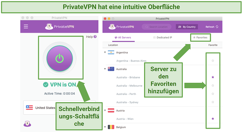 Screenshot showing the user interface of PrivateVPN on Mac