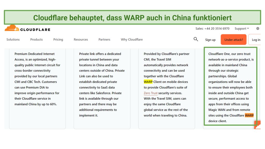 A screenshot of Cloudflare website stating that WARP works in China