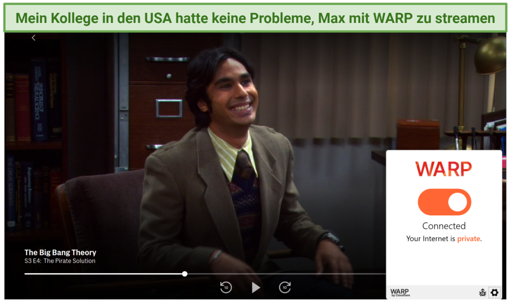 Screenshot of Max player streaming Big Bang Theory while connected to WARP