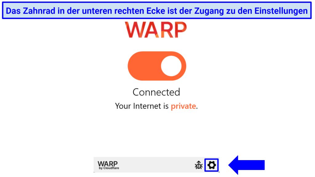 Screenshot of WARP Windows apps highlighting where to access the settings menus