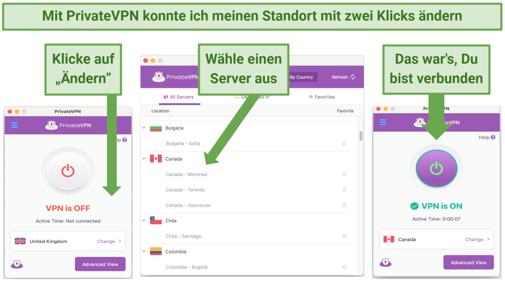 Screenshot, der zeigt, wie man bei PrivateVPN mit 2 Klicks den Standort ändert