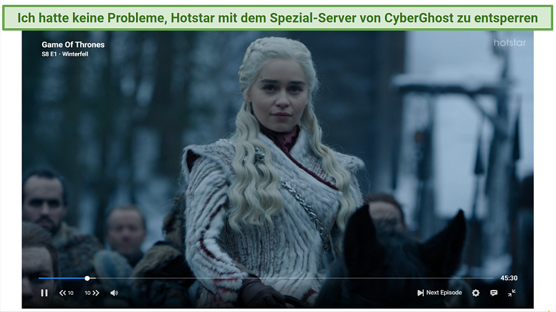 screenshot showing Game of Thrones streaming on Hotstar with CyberGhost connected