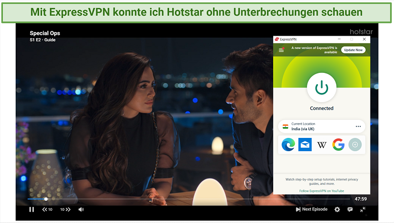 screenshot of Special ops streaming on Hotstar with ExpressVPN connected