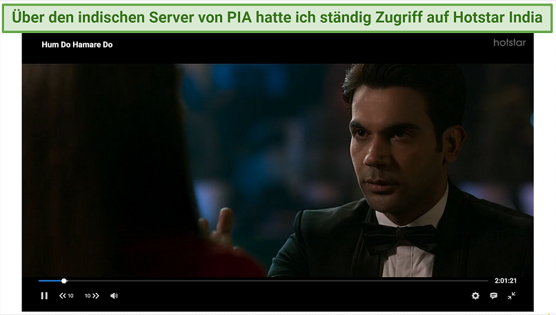  Screenshot showing Hum do Hamare Do streaming on Hotstar with PIA connected.