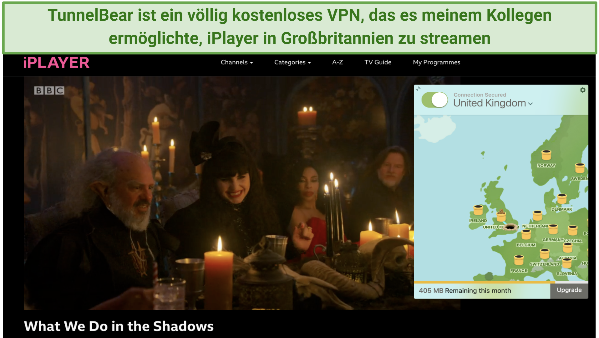Screenshot of What We Do In The Shadows streaming on iPlayer under the TunnelBear app connected to a UK server