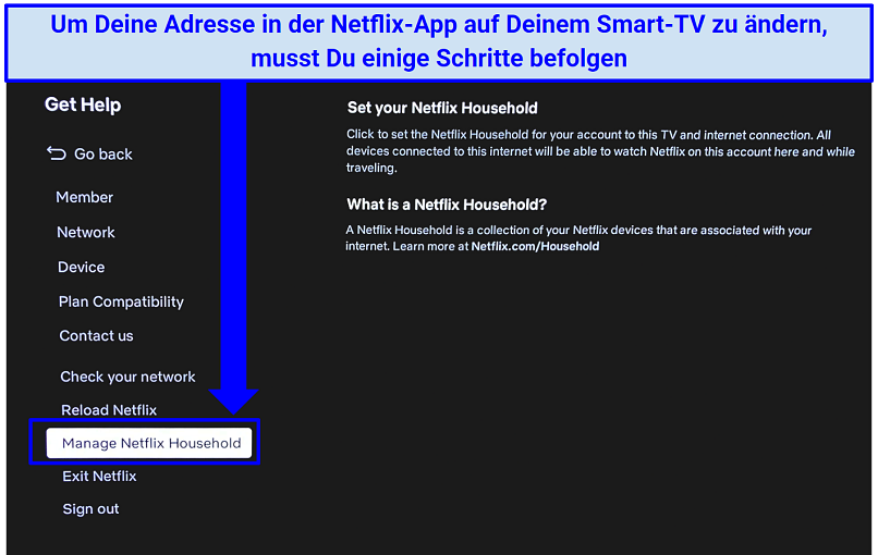 Screenshot, der zeigt, wie Du Deine Netflix-Heimadresse in der Smart-TV-App änderst