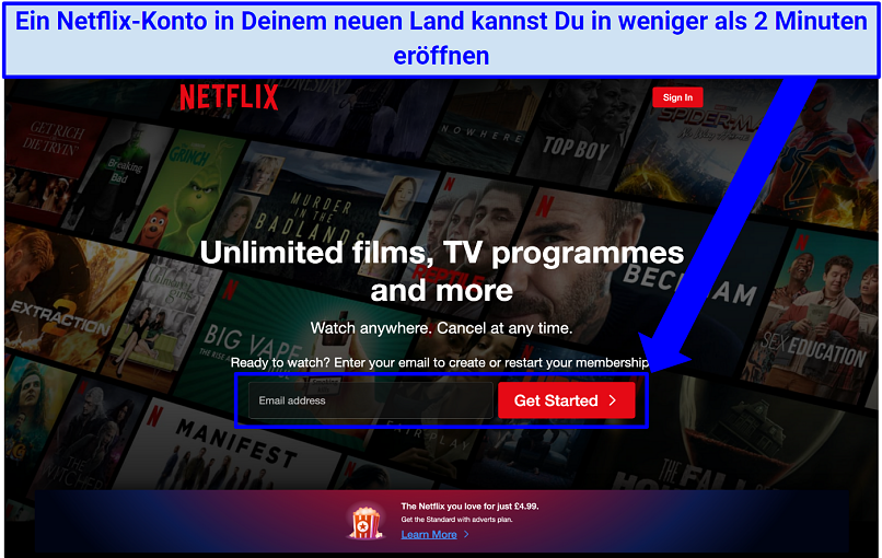 Screenshot, der zeigt, wie man sich online bei Netflix anmeldet