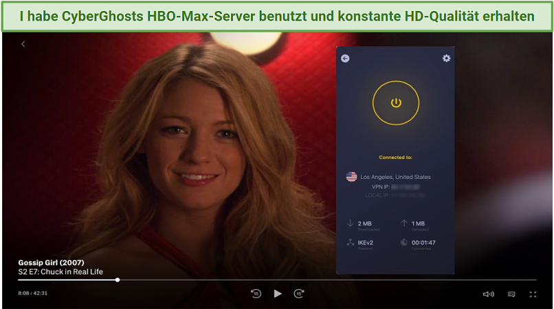 Screenshot showing CyberGhost unblocking HBO Max