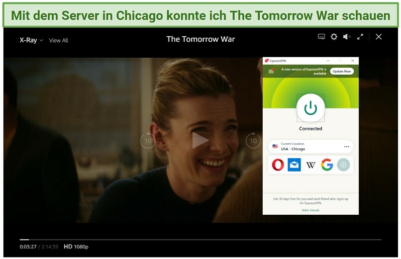 Screenshot of The Tomorrow War streaming on Prime Video with ExpressVPN connected