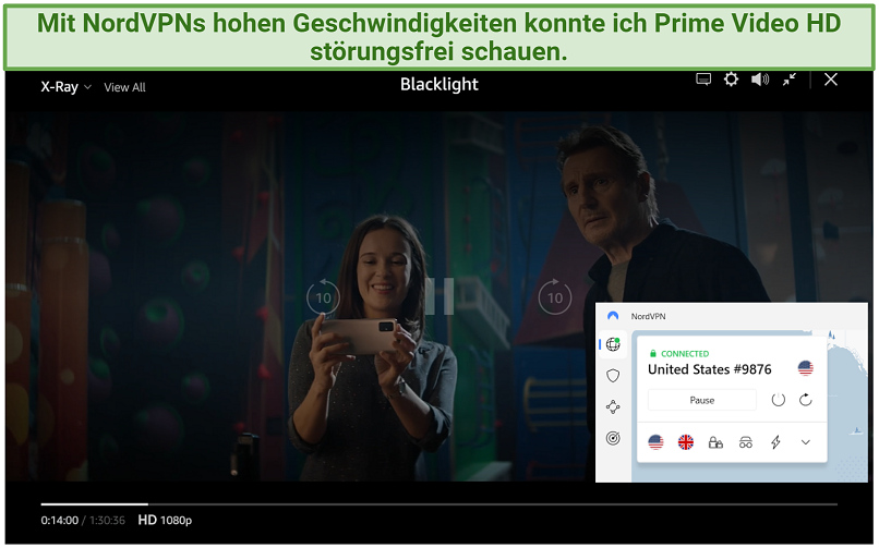 Screenshot showing Blacklight streaming on Prime Video with NordVPN connected