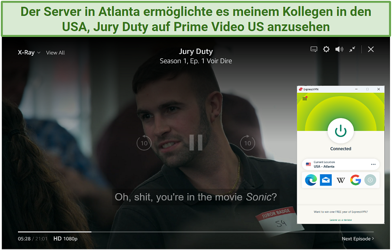 Screenshot von Jury Duty, gestreamt auf Prime Video US mit verbundenem ExpressVPN