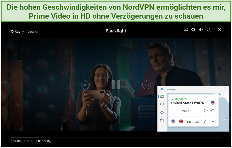 Screenshot zeigt Blacklight-Streaming auf Prime Video mit verbundenem NordVPN
