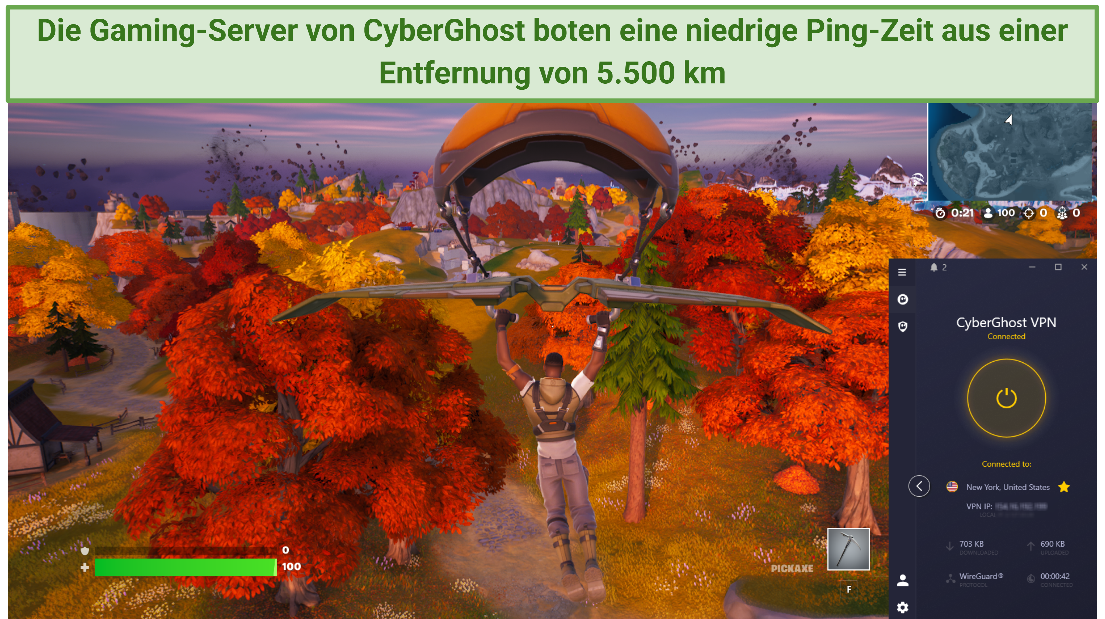 Screenshot showing CyberGhost connected to a gaming server over a browser playing Fortnite