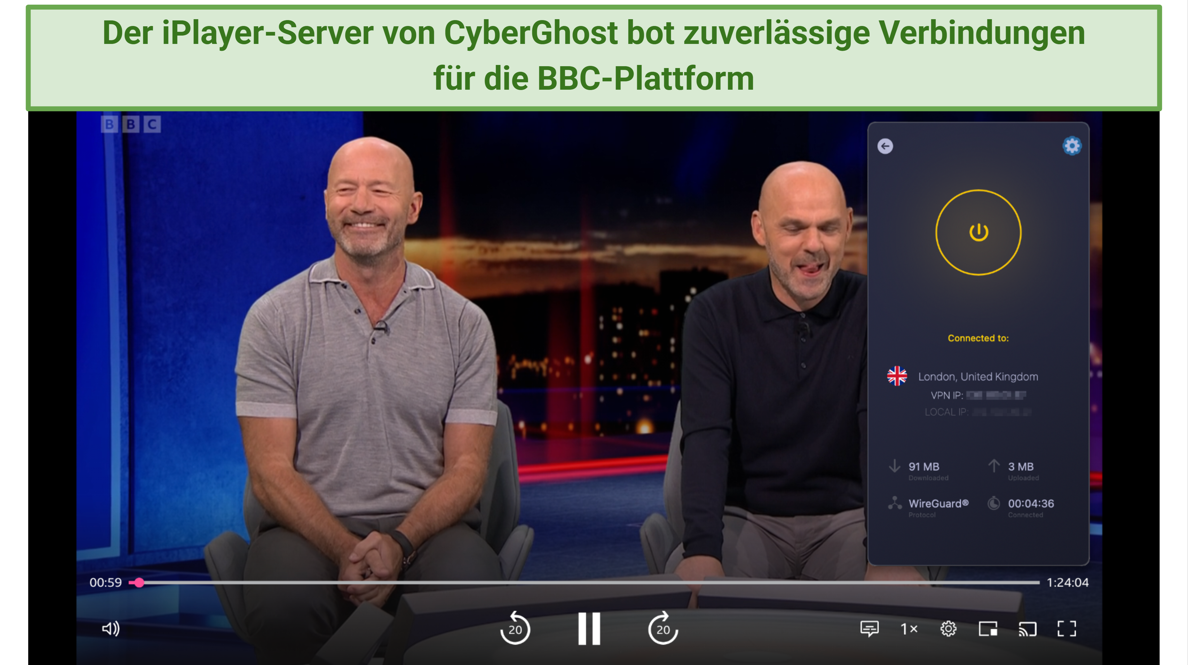 Screenshot showing CyberGhost connected to the iPlayer specialty streaming server server over a browser window streaming Match of the Day