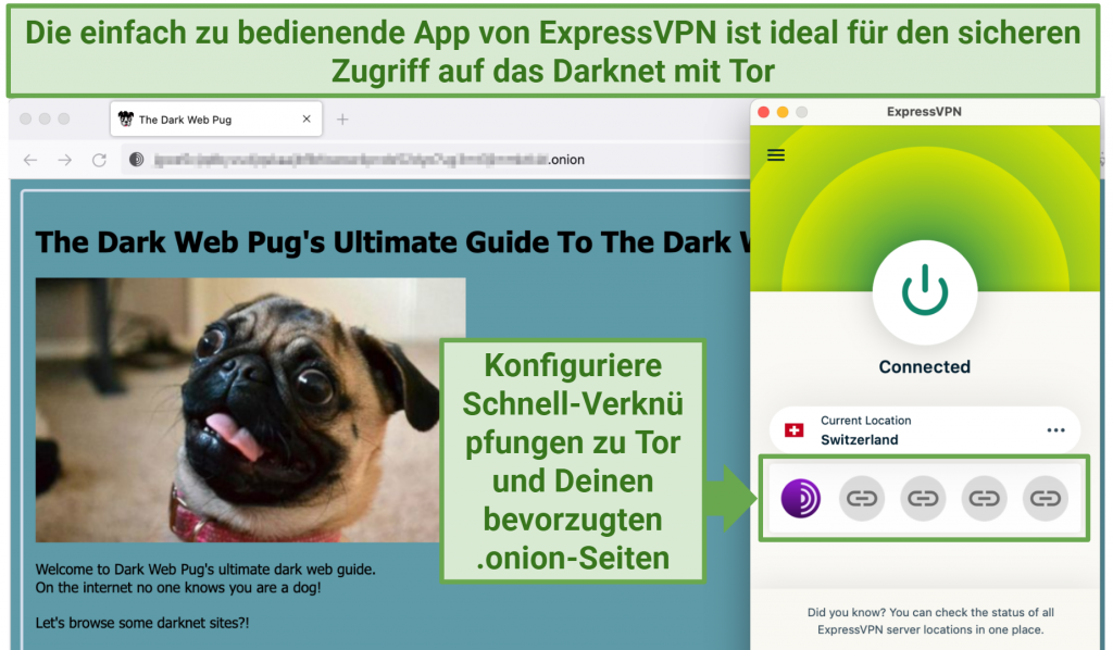 Screenshot showing a dark web site on Tor browser with the ExpressVPN app connected to a server in Switzerland