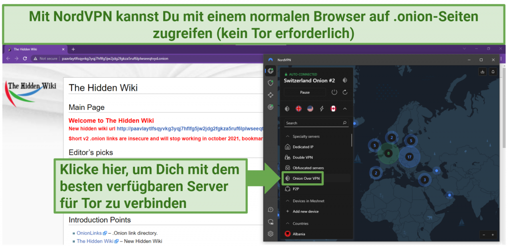 Screenshot showing a Chrome browser window accessing a dark webonion site with NordVPN's Onion Over VPN server