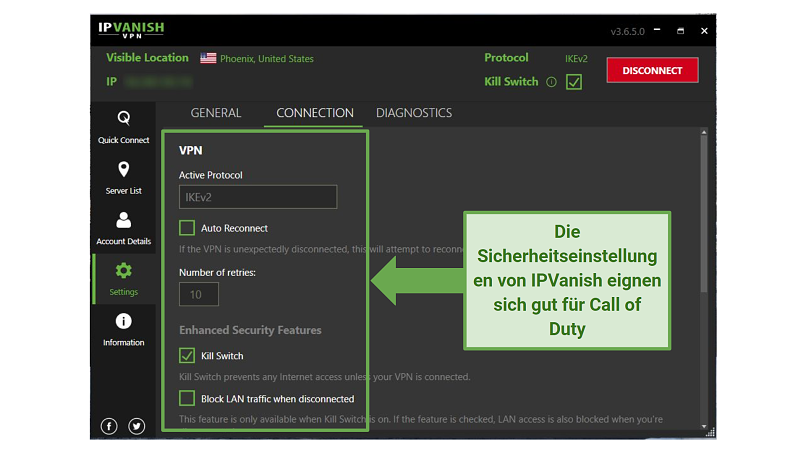 graphic showing IPVanish security settings