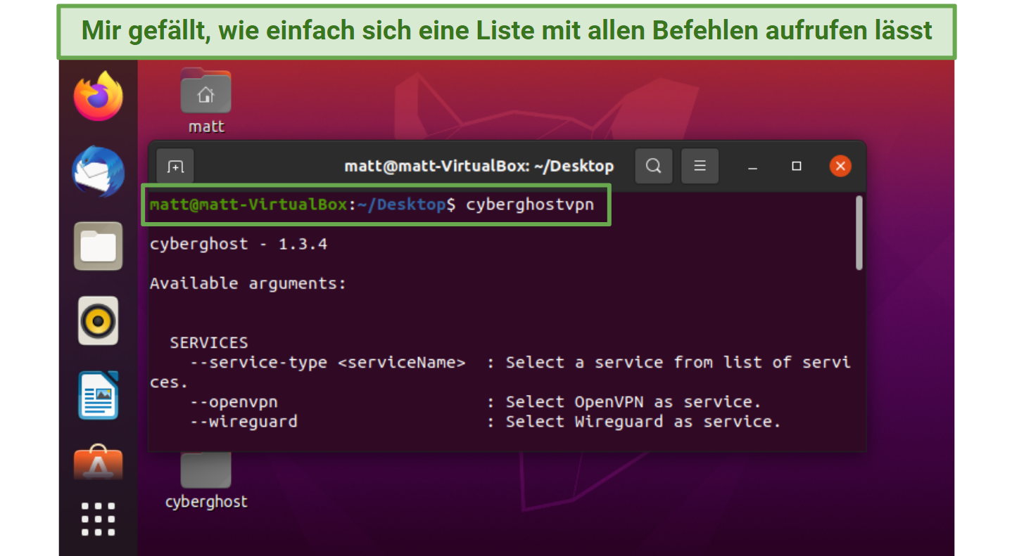 Screenshot of Cyberghost CLI on Linux displaying the available arguments 