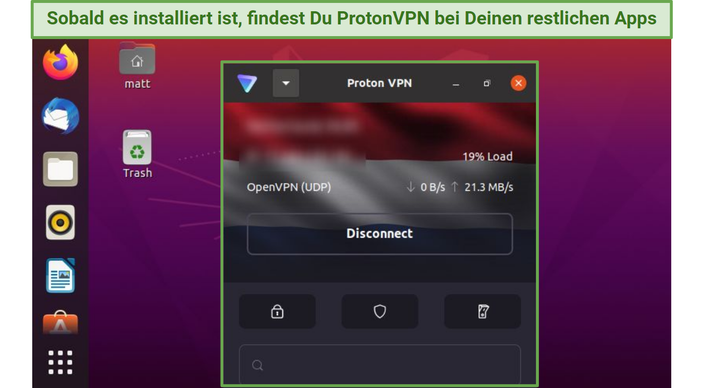 Screenshot of ProtonVPN connected to a free server on Linux