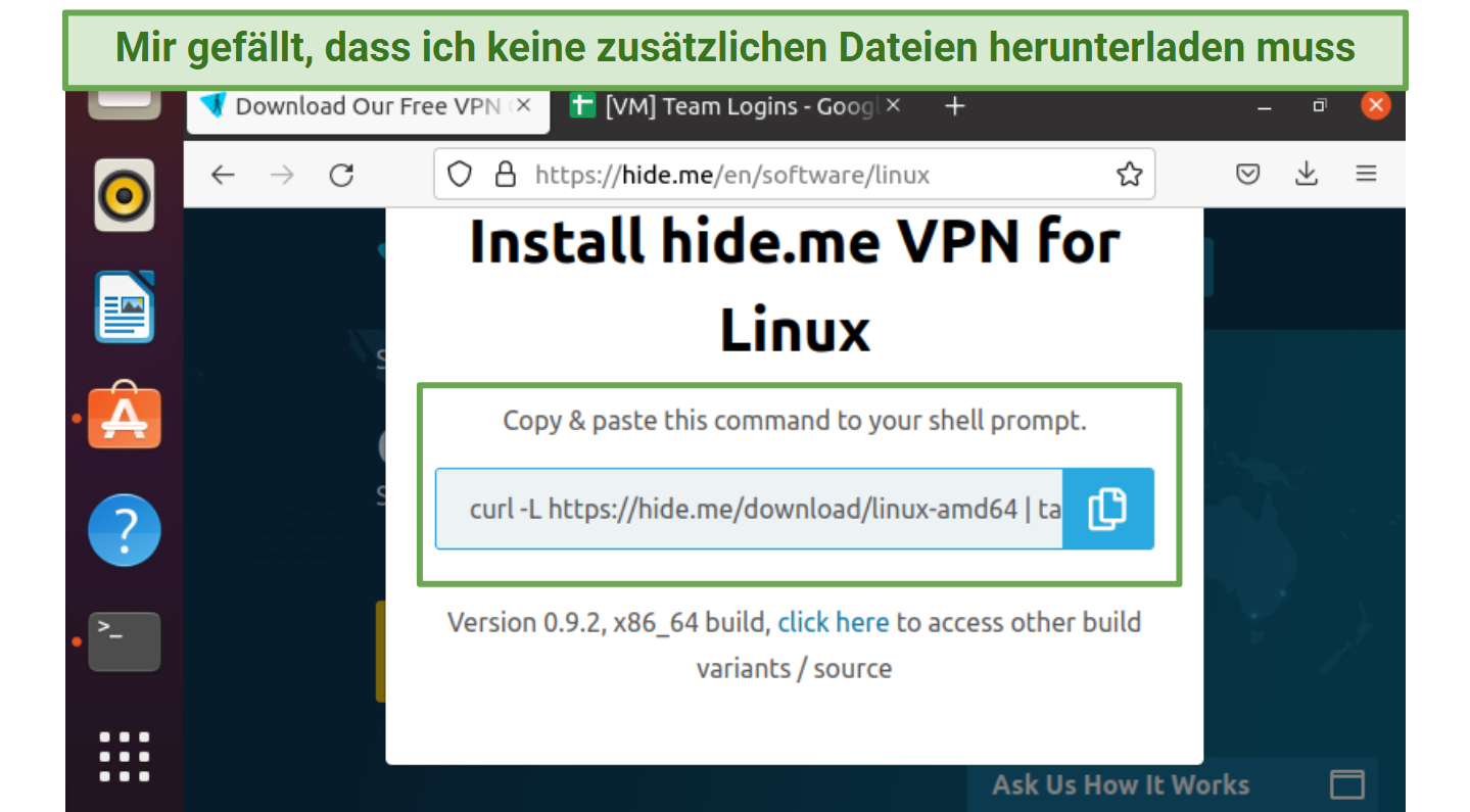 Screenshot of hide.me's installation guide for Linux 