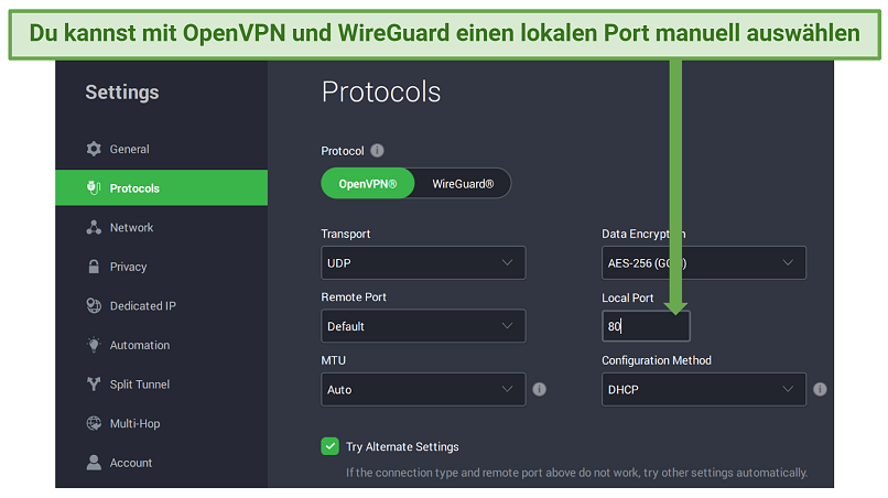 Screenshot showing manual port selection in Private Internet Access' VPN settings menu