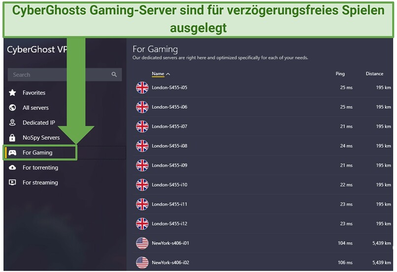 Screenshot of CyberGhost's gaming-optimized servers list