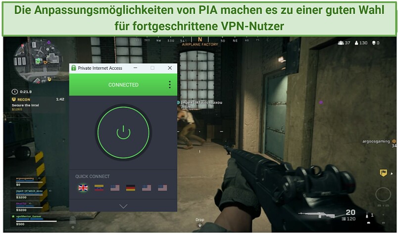 screenshot of COD gameplay with PIA connected