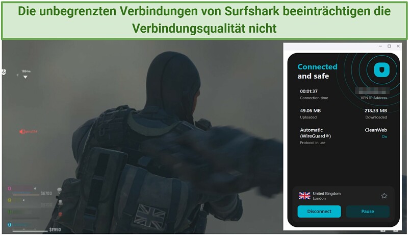 A screenshot of Call of Duty gameplay while connected to Surfshark