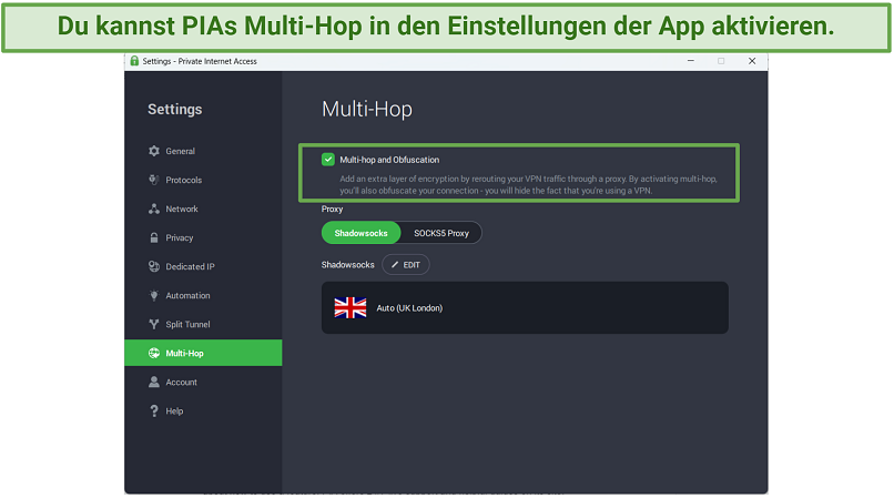 Screenshot showing how to enable PIA's Multi-Hop feature