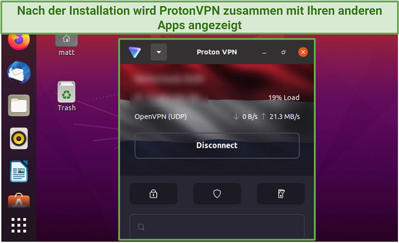 Screenshot of Proton VPN connected to a free server on Linux