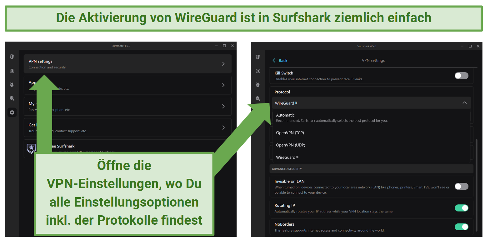 Screenshots of Surfshark's Windows app showing the VPN settings and the protocol options